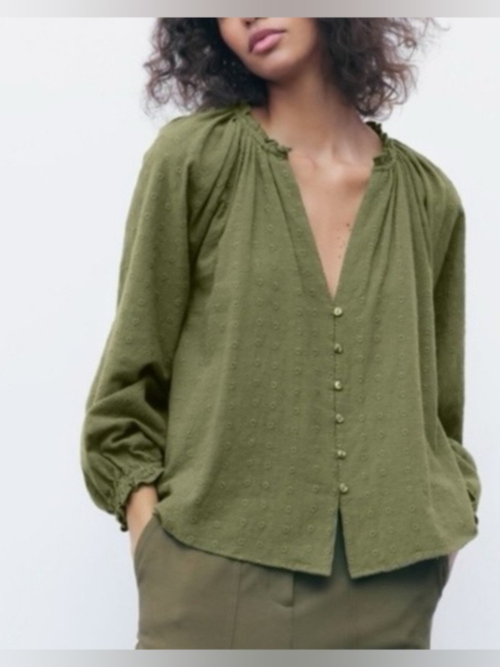 Zara Green Embroidered Button Up Blouse